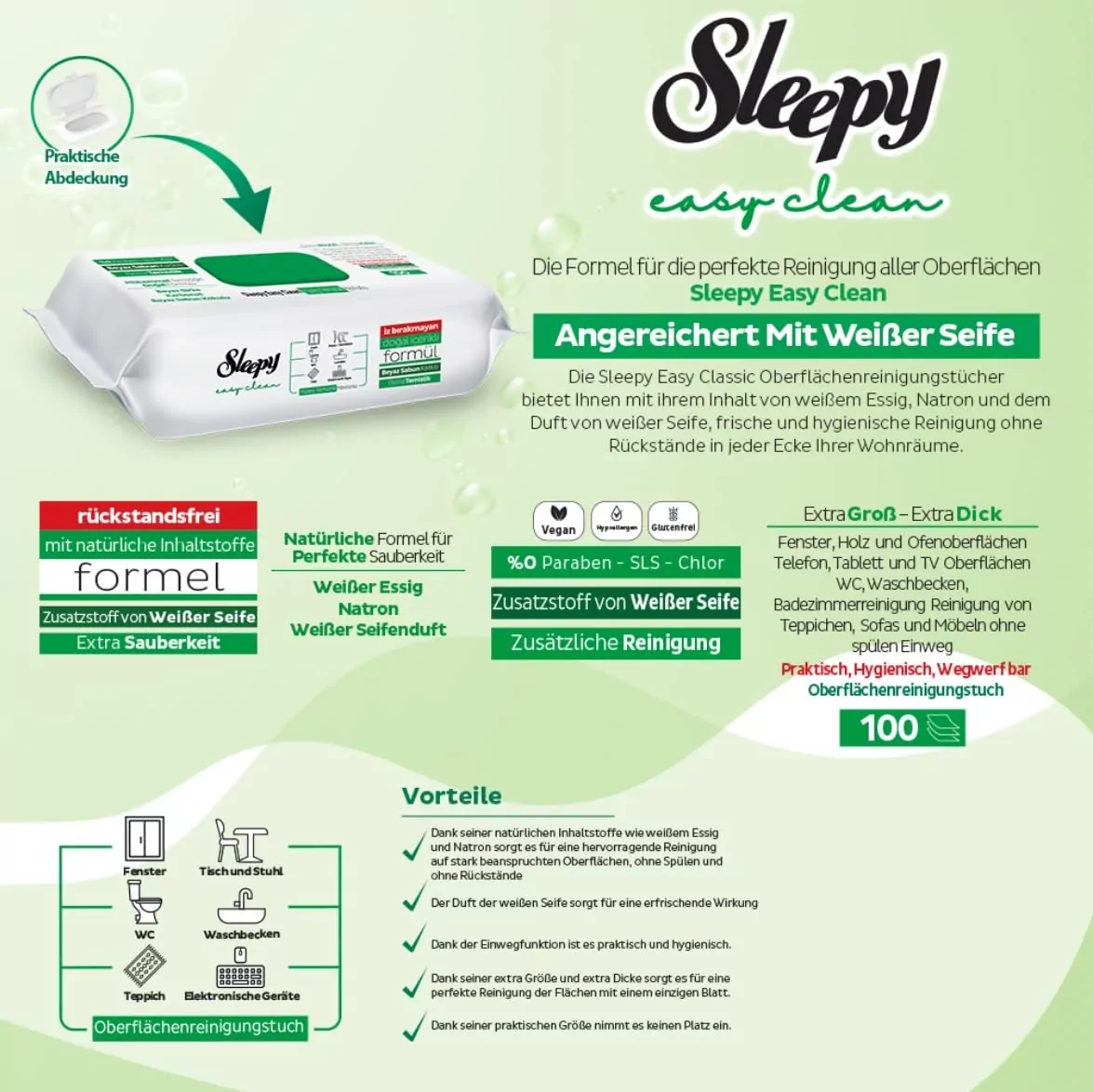 Sleepy Easy Clean Oberflachenreinigungstuch weiser Essig Backpulver und weiser Seifenduft hinzugefugt 600 Stuck 6 Packungen mit 100 6